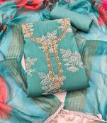 sea green unstitched thread embroidery handwork with digital printed dupatta silk blend dress material