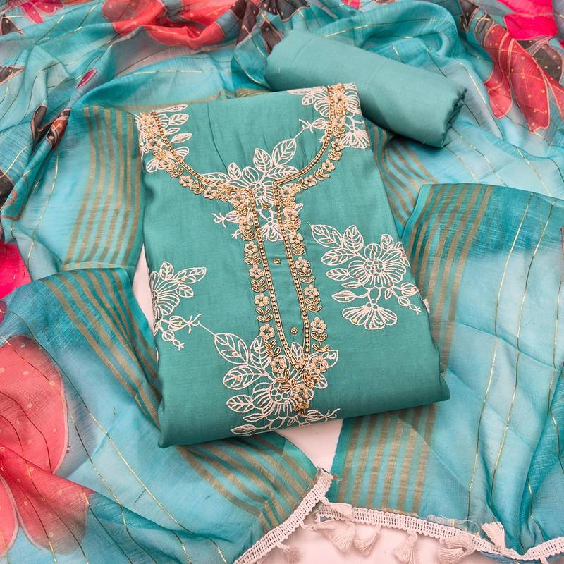 sea green unstitched thread embroidery handwork with digital printed dupatta silk blend dress material