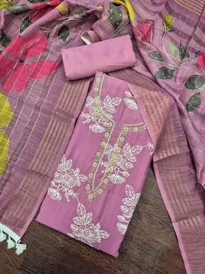 lavender unstitched thread embroidery handwork with digital printed dupatta silk blend dress material 4