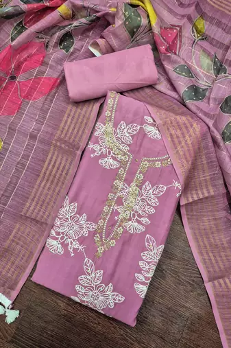 lavender unstitched thread embroidery handwork with digital printed dupatta silk blend dress material