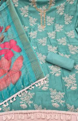 sea green unstitched thread embroidery handwork with digital printed dupatta silk blend dress material 2