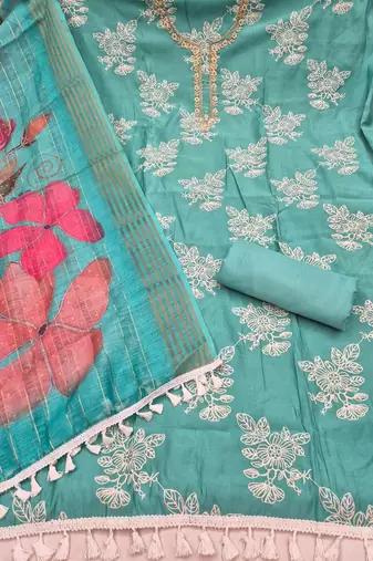sea green unstitched thread embroidery handwork with digital printed dupatta silk blend dress material