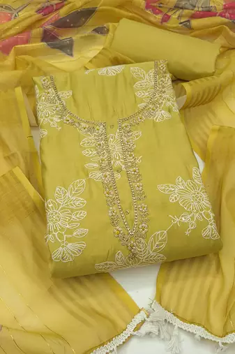light green unstitched thread embroidery handwork with digital printed dupatta silk blend dress material