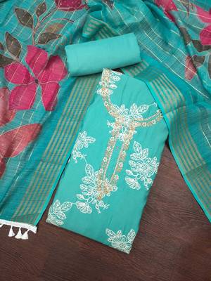 sea green unstitched thread embroidery handwork with digital printed dupatta silk blend dress material 4