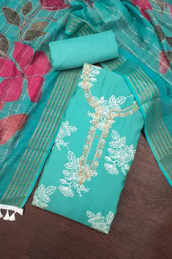 sea green unstitched thread embroidery handwork with digital printed dupatta silk blend dress material
