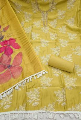 light green unstitched thread embroidery handwork with digital printed dupatta silk blend dress material 2