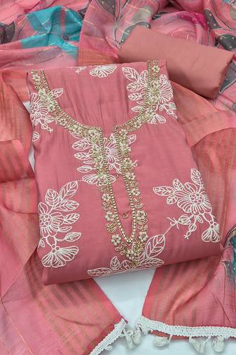 baby pink unstitched thread embroidery handwork with digital printed dupatta silk blend dress material