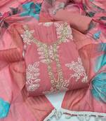 baby pink unstitched thread embroidery handwork with digital printed dupatta silk blend dress material
