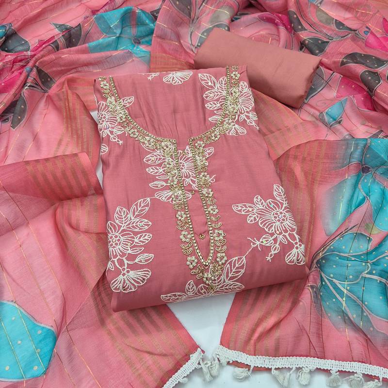 baby pink unstitched thread embroidery handwork with digital printed dupatta silk blend dress material