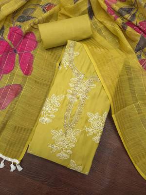 light green unstitched thread embroidery handwork with digital printed dupatta silk blend dress material 4