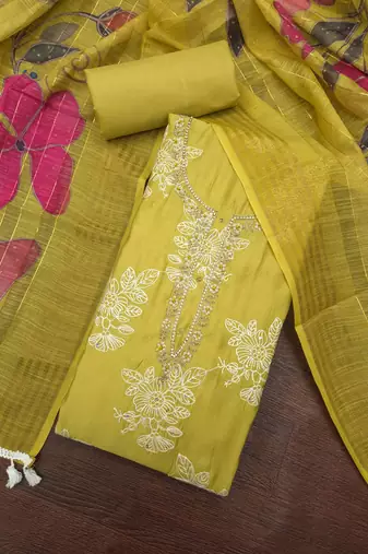light green unstitched thread embroidery handwork with digital printed dupatta silk blend dress material