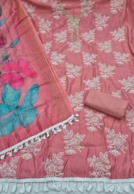 baby pink unstitched thread embroidery handwork with digital printed dupatta silk blend dress material 2