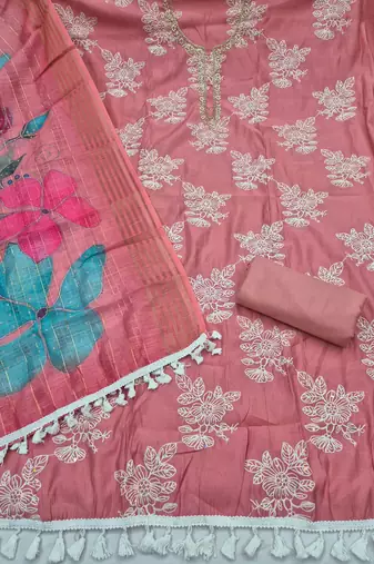 baby pink unstitched thread embroidery handwork with digital printed dupatta silk blend dress material
