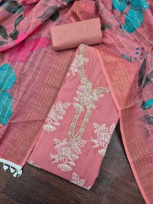 baby pink unstitched thread embroidery handwork with digital printed dupatta silk blend dress material 4