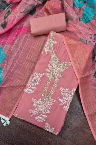 baby pink unstitched thread embroidery handwork with digital printed dupatta silk blend dress material