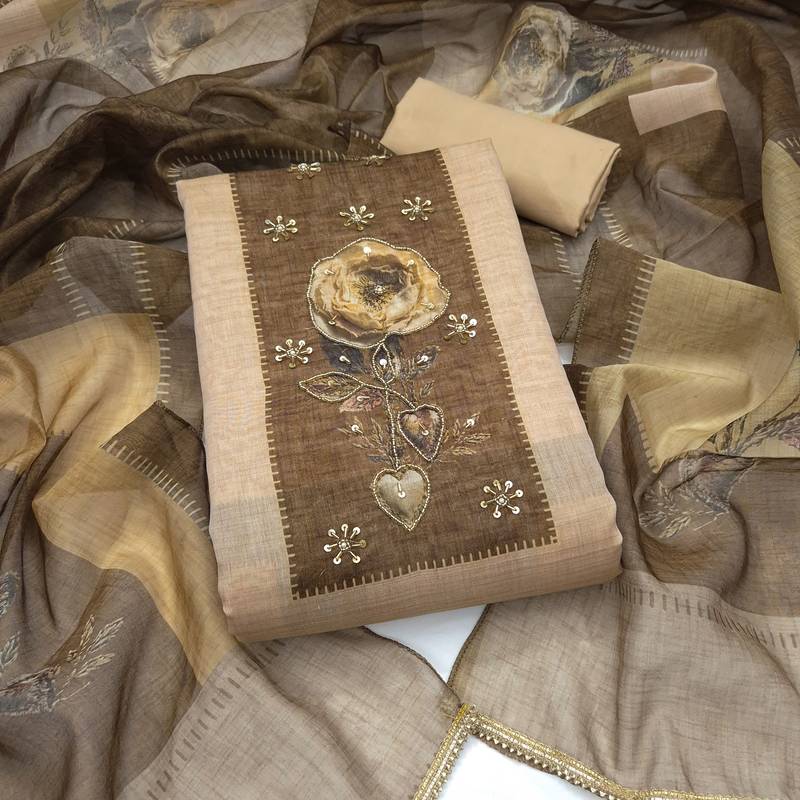 multi unstitched digital print handwork with printed dupatta modal butti dress material