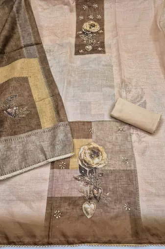 multi unstitched digital print handwork with printed dupatta modal butti dress material
