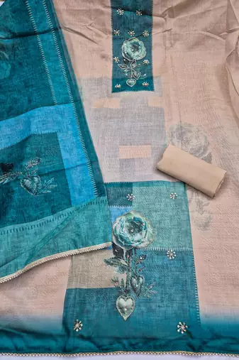 multi unstitched digital print handwork with printed dupatta modal butti dress material