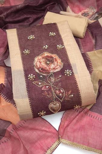 multi unstitched digital print handwork with printed dupatta modal butti dress material