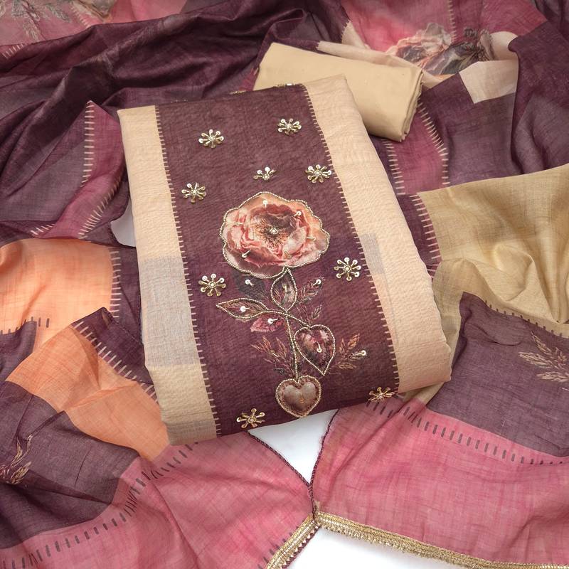 multi unstitched digital print handwork with printed dupatta modal butti dress material