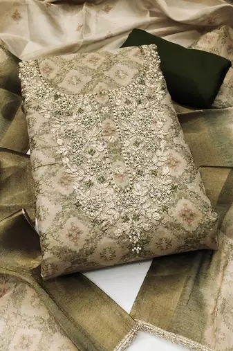 multi unstitched shimmer print handwork with printed dupatta linen dress material