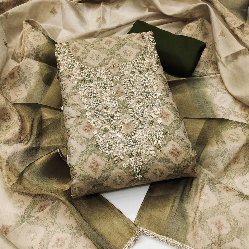 multi unstitched shimmer print handwork with printed dupatta linen dress material