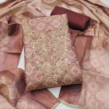 multi unstitched shimmer print handwork with printed dupatta linen dress material 1