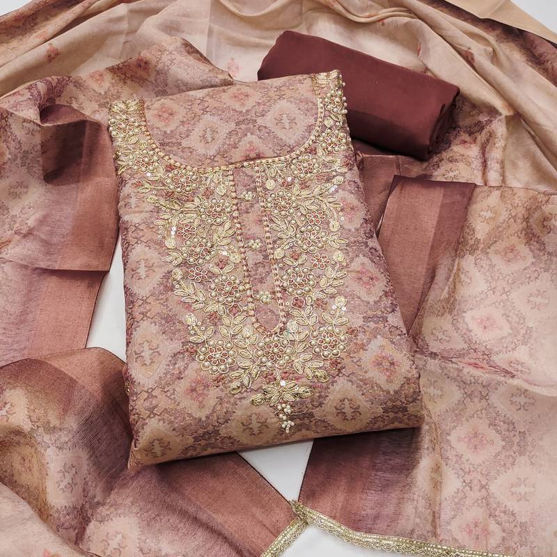 multi unstitched shimmer print handwork with printed dupatta linen dress material