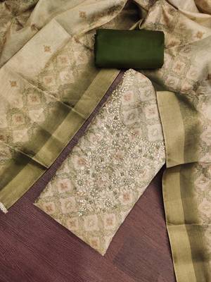 multi unstitched shimmer print handwork with printed dupatta linen dress material 4