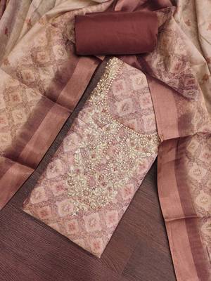multi unstitched shimmer print handwork with printed dupatta linen dress material 4