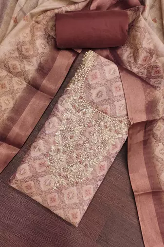 multi unstitched shimmer print handwork with printed dupatta linen dress material