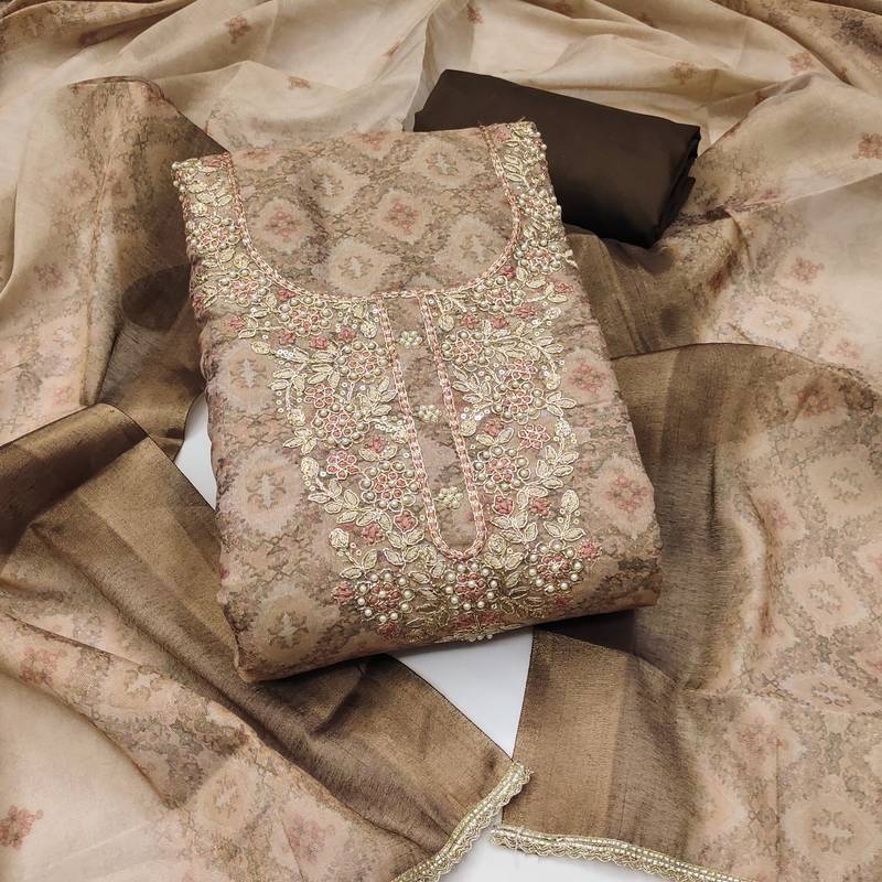 multi unstitched shimmer print handwork with printed dupatta linen dress material