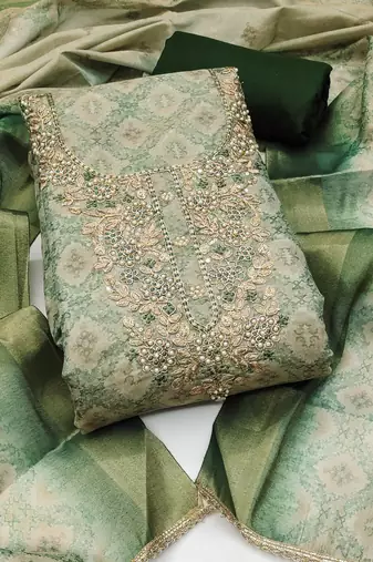 multi unstitched shimmer print handwork with printed dupatta linen dress material
