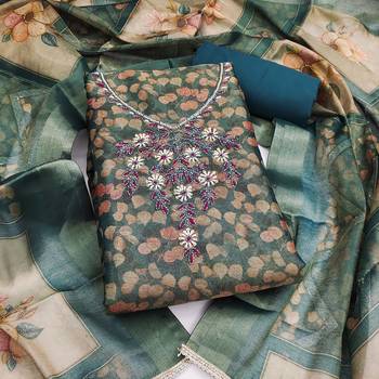 multi unstitched shimmer print handwork with printed dupatta linen dress material 1