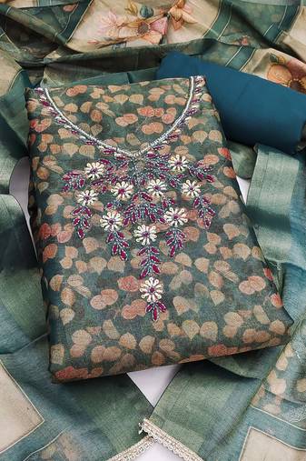multi unstitched shimmer print handwork with printed dupatta linen dress material