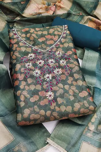 multi unstitched shimmer print handwork with printed dupatta linen dress material