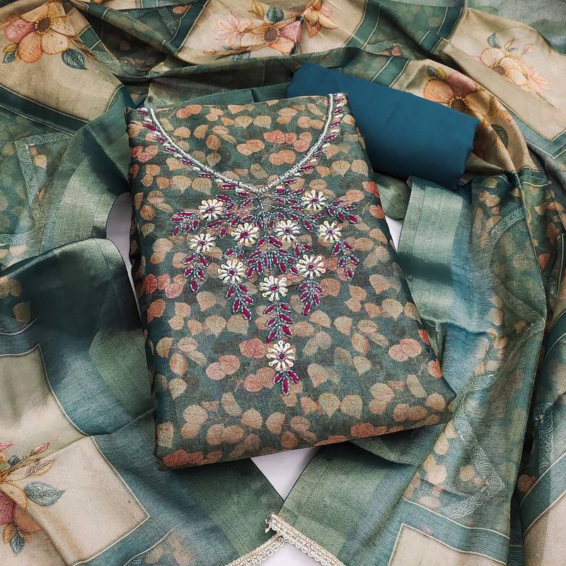 multi unstitched shimmer print handwork with printed dupatta linen dress material