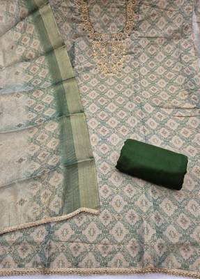 multi unstitched shimmer print handwork with printed dupatta linen dress material 2