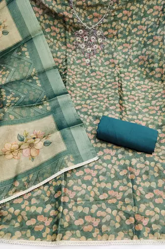 multi unstitched shimmer print handwork with printed dupatta linen dress material
