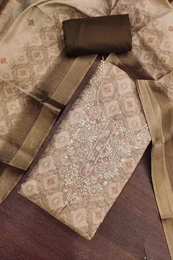 multi unstitched shimmer print handwork with printed dupatta linen dress material