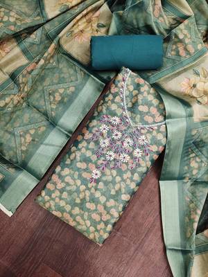 multi unstitched shimmer print handwork with printed dupatta linen dress material 4