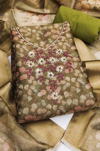 multi unstitched shimmer print handwork with printed dupatta linen dress material