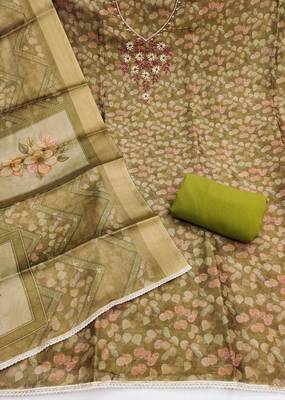 multi unstitched shimmer print handwork with printed dupatta linen dress material 2