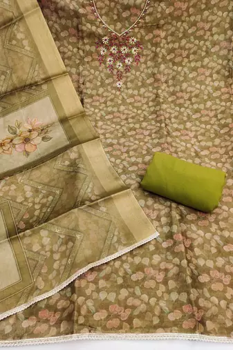 multi unstitched shimmer print handwork with printed dupatta linen dress material