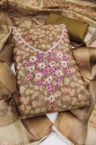multi unstitched shimmer print handwork with printed dupatta linen dress material