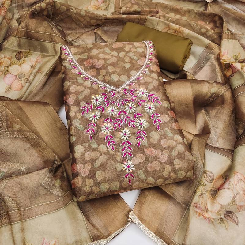 multi unstitched shimmer print handwork with printed dupatta linen dress material