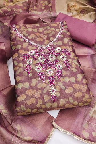 multi unstitched shimmer print handwork with printed dupatta linen dress material