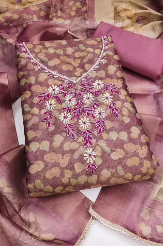 multi unstitched shimmer print handwork with printed dupatta linen dress material