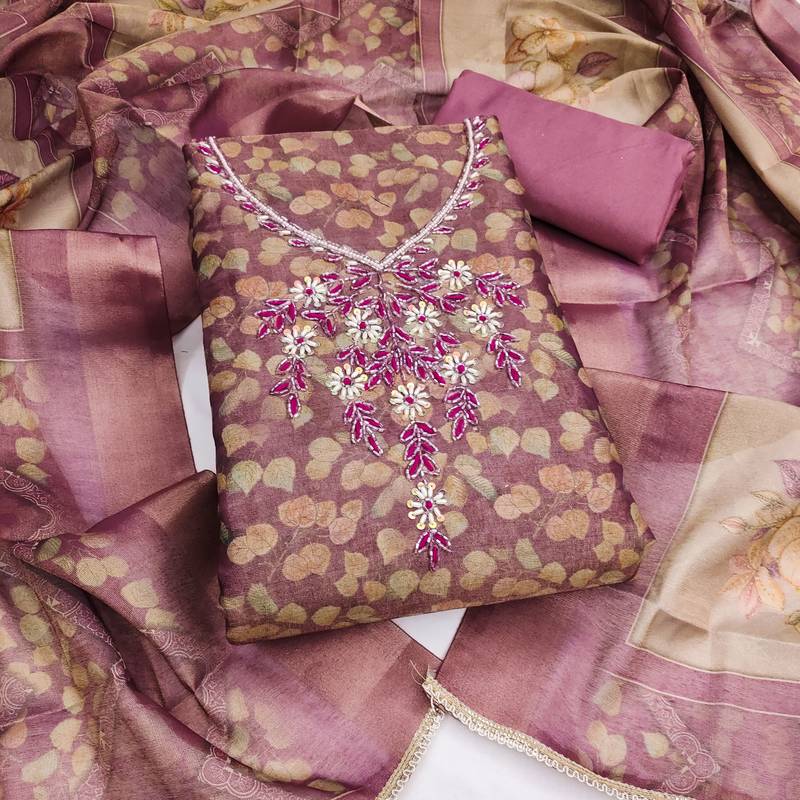 multi unstitched shimmer print handwork with printed dupatta linen dress material