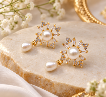 Certified natural freshwater pearls jewellery pearl drop earrings with cz snowflake stud, gold tone 1